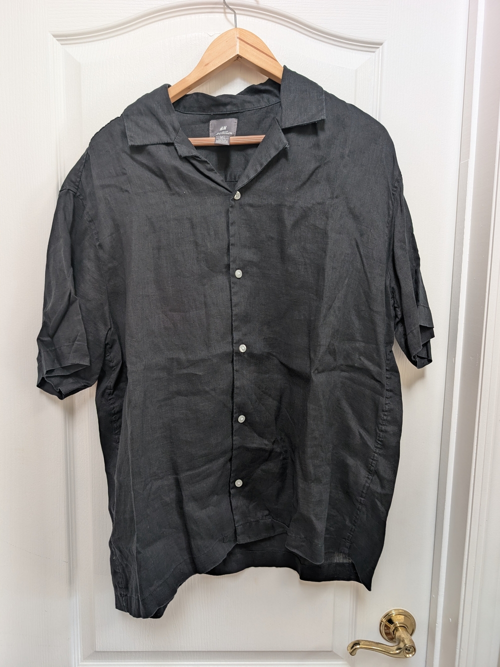 H&M Men’s L Black 100% Linen Relaxed Fit Short Sleeve Shirt
